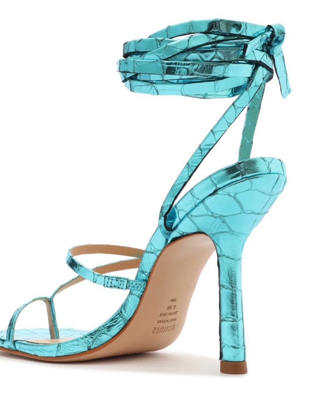 Schutz Metallic Turquoise Strappy Ankle-Tie High Heel Sandal NWT